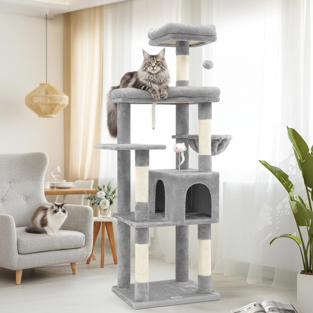 Norwegian Forest Cat on top of 68-inch heavy-duty cat tree