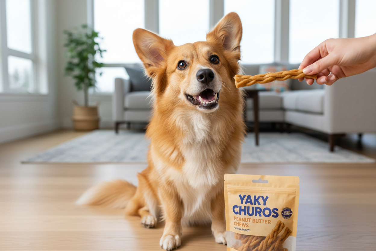 Corgi mix excited for Yaky Churros peanut butter chew - clean teeth