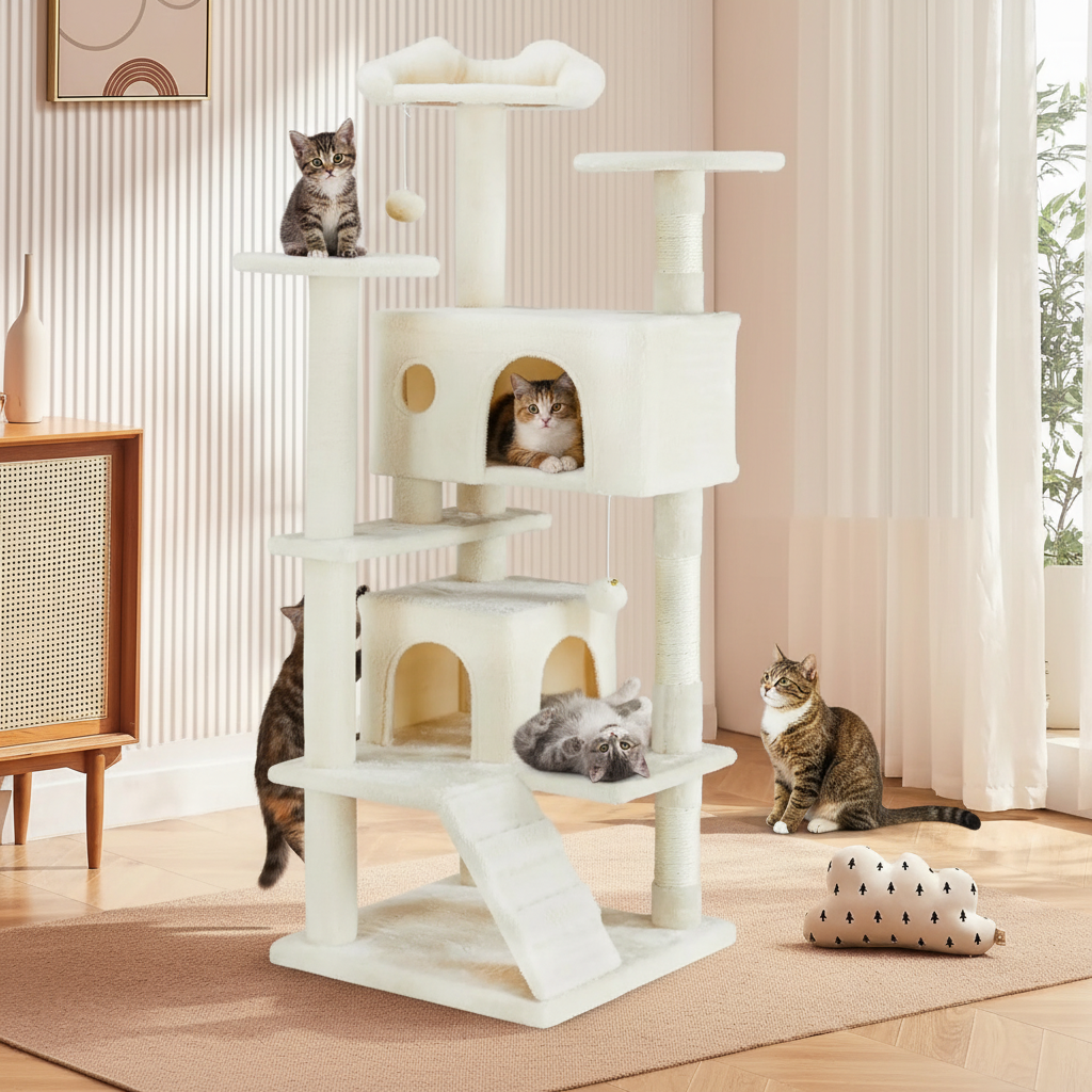 Multiple cats using 54-inch beige cat tree with cozy hammock
