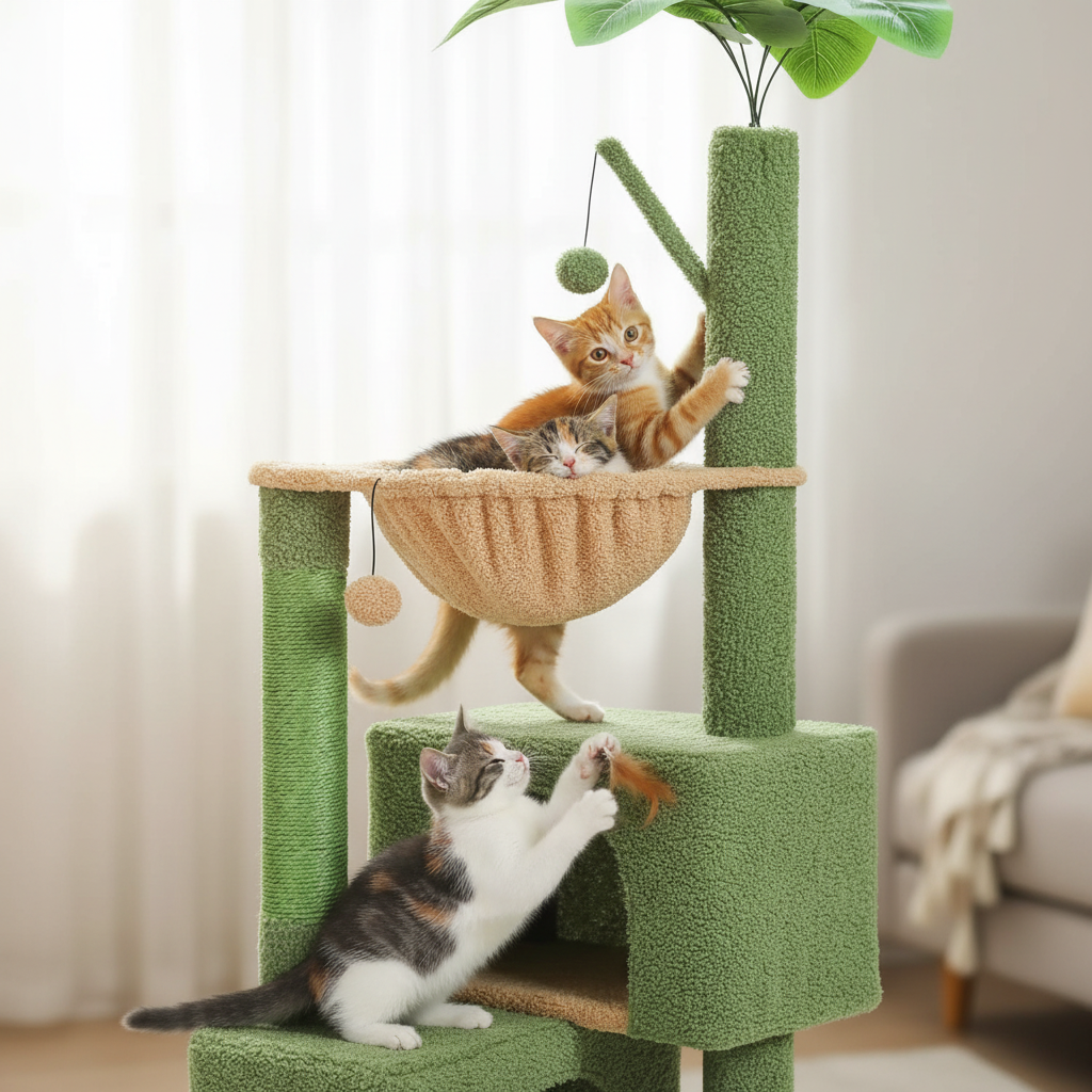 Cats playing on cactus cat tower with hammock and toys