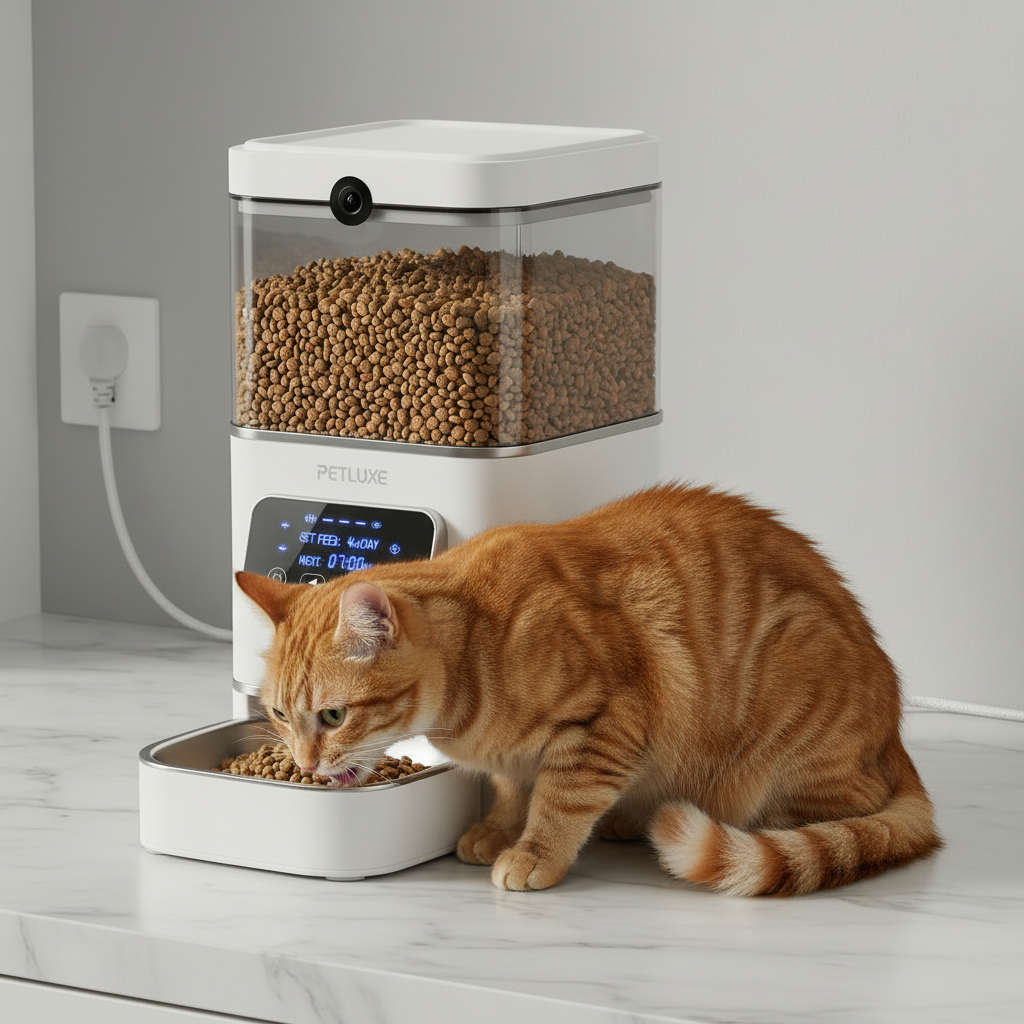 Tabby cat eating from 4L automatic feeder large capacity convenience