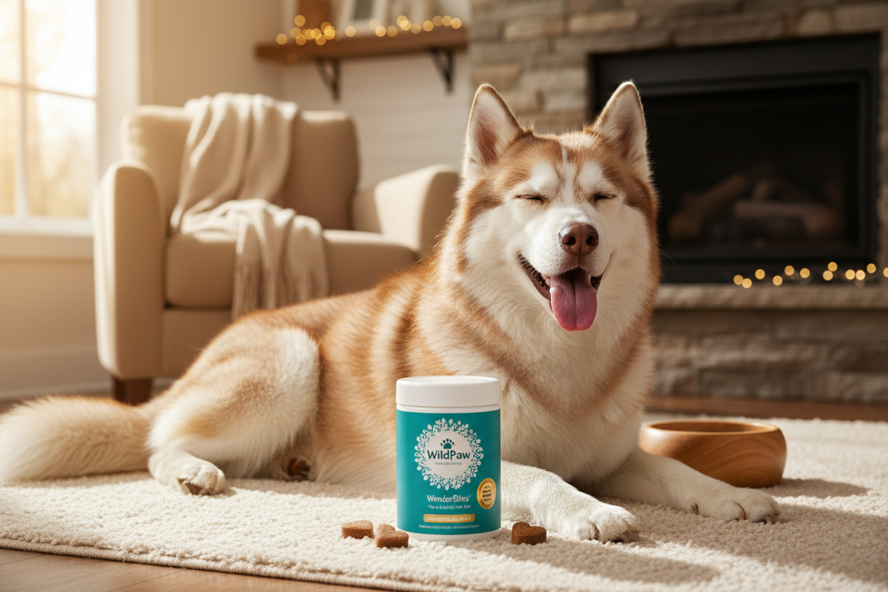 Husky with gorgeous coat and Wildpaw WonderBites - salmon oil supplement