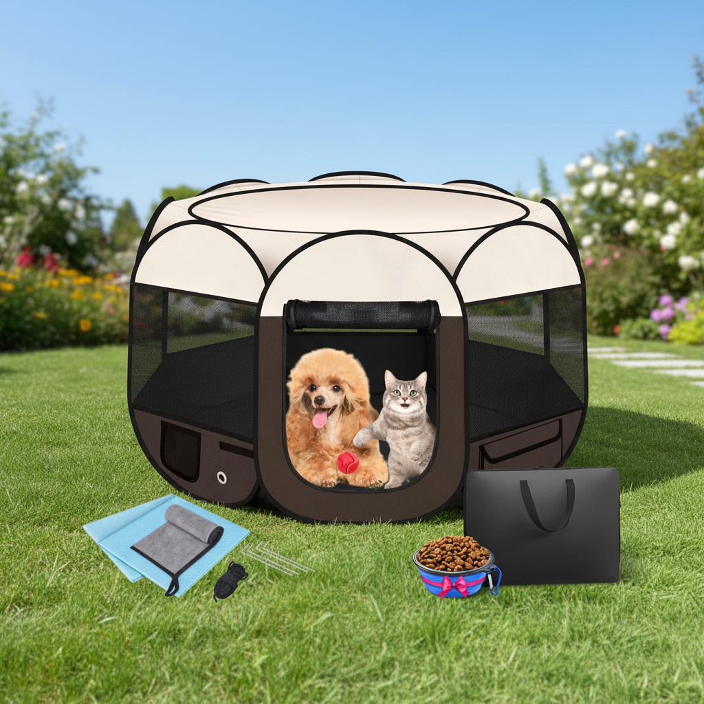 Dogs and cats in 36-inch brown playpen with shade cover outdoors