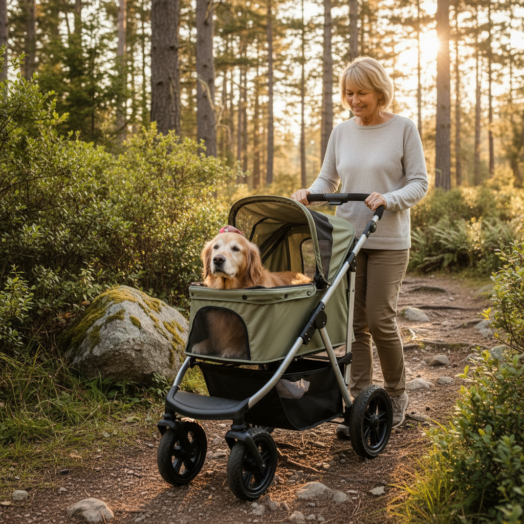 Small dog enjoying ride in all-terrain pet stroller hiking trail outdoor adventure