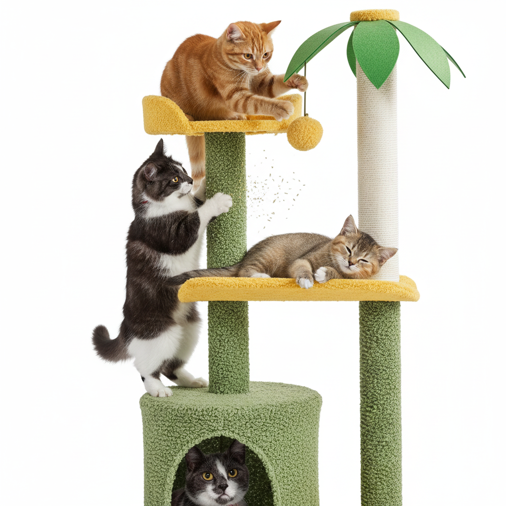 Cats playing on tropical coconut palm cat tower