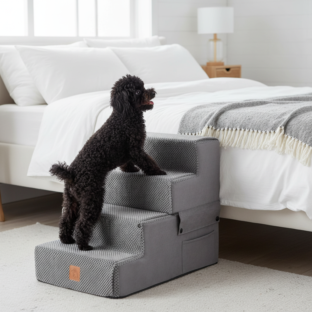 Small dog using 4-step stairs to climb onto high bed