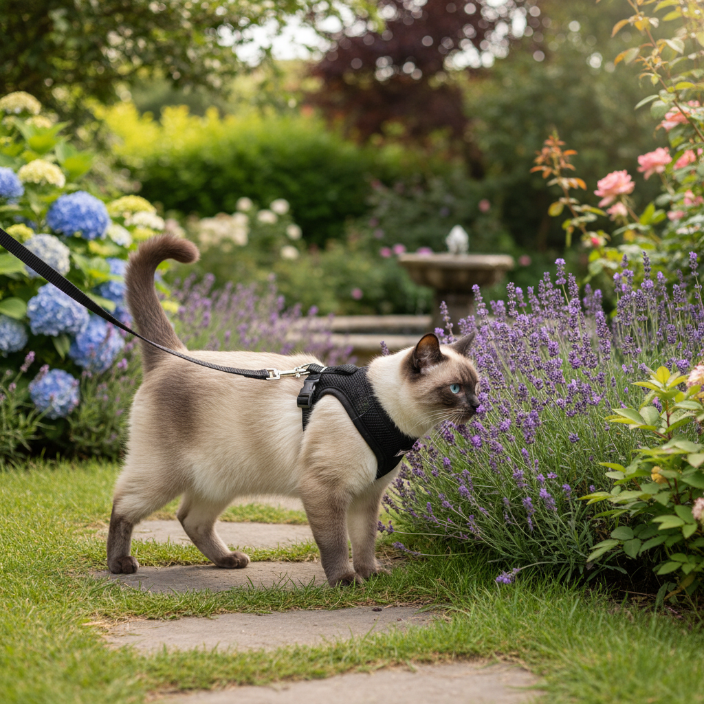 Siamese cat in escape-proof cat harness with leash exploring garden safely