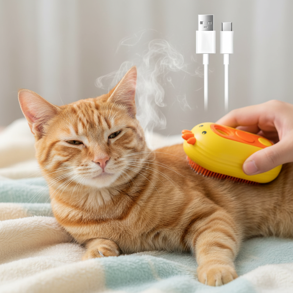 Orange Tabby cat being groomed with yellow 3-in-1 steam brush content