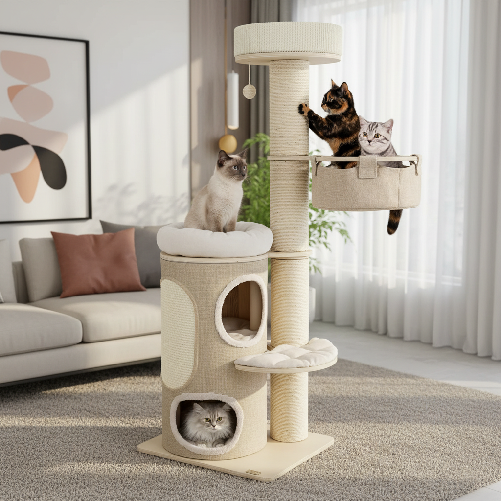 Multiple cats using 61-inch premium wooden cat tree