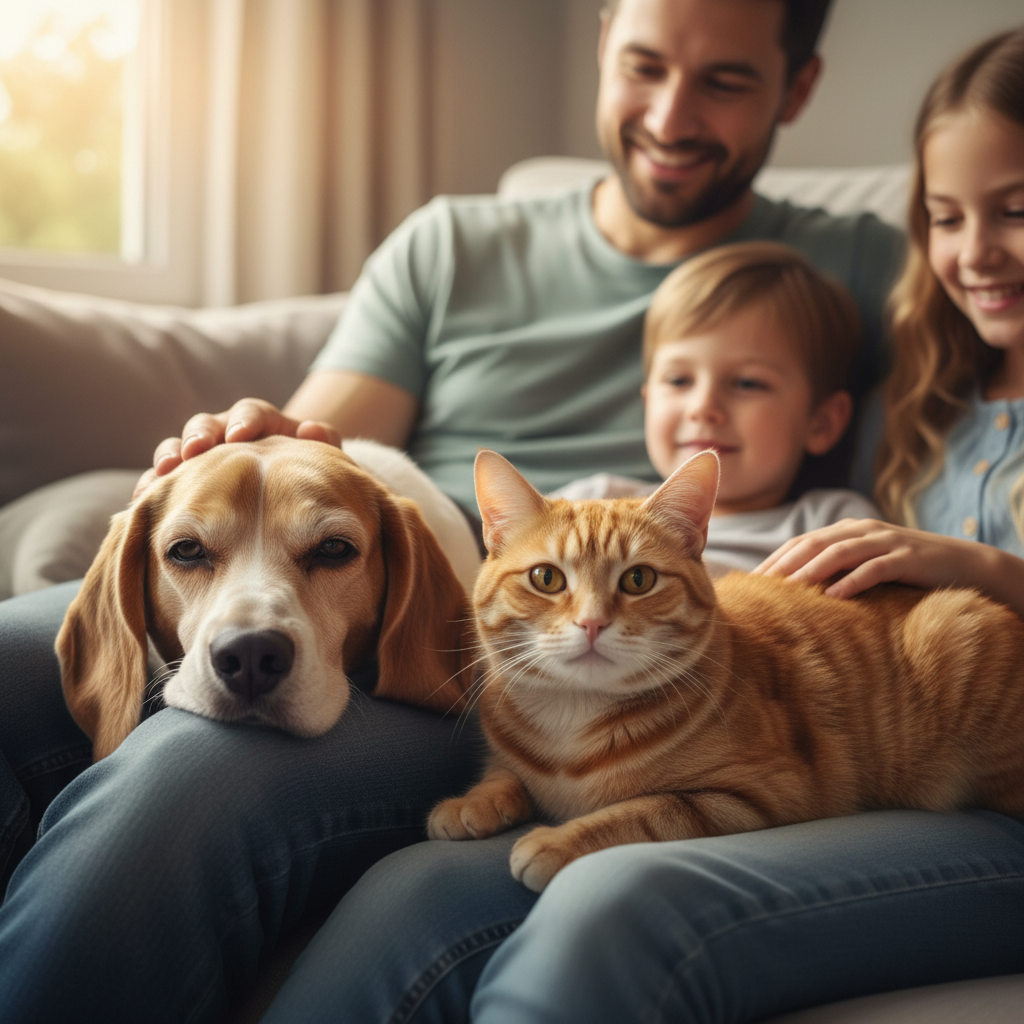 Family loving their comfortable dog and cat with pain-free joints