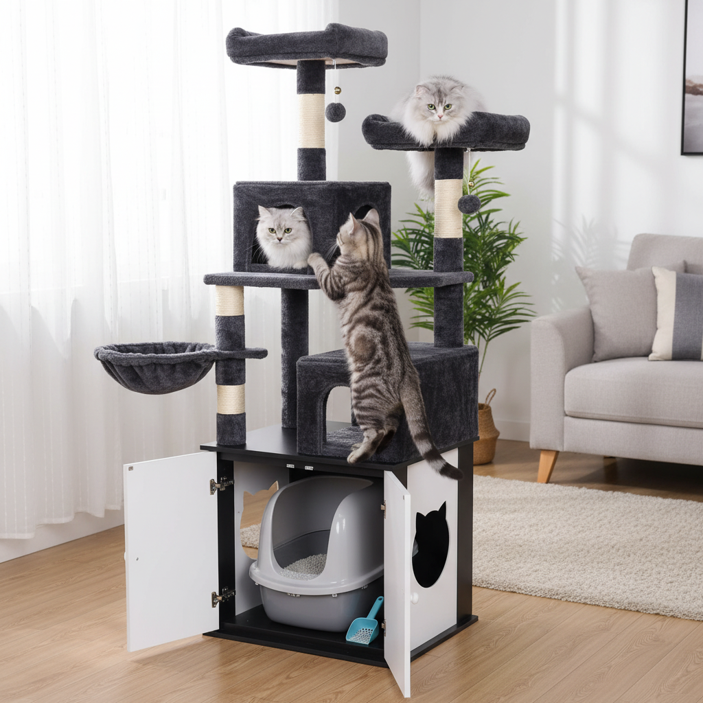 Cat using all-in-one cat furniture with litter box inside