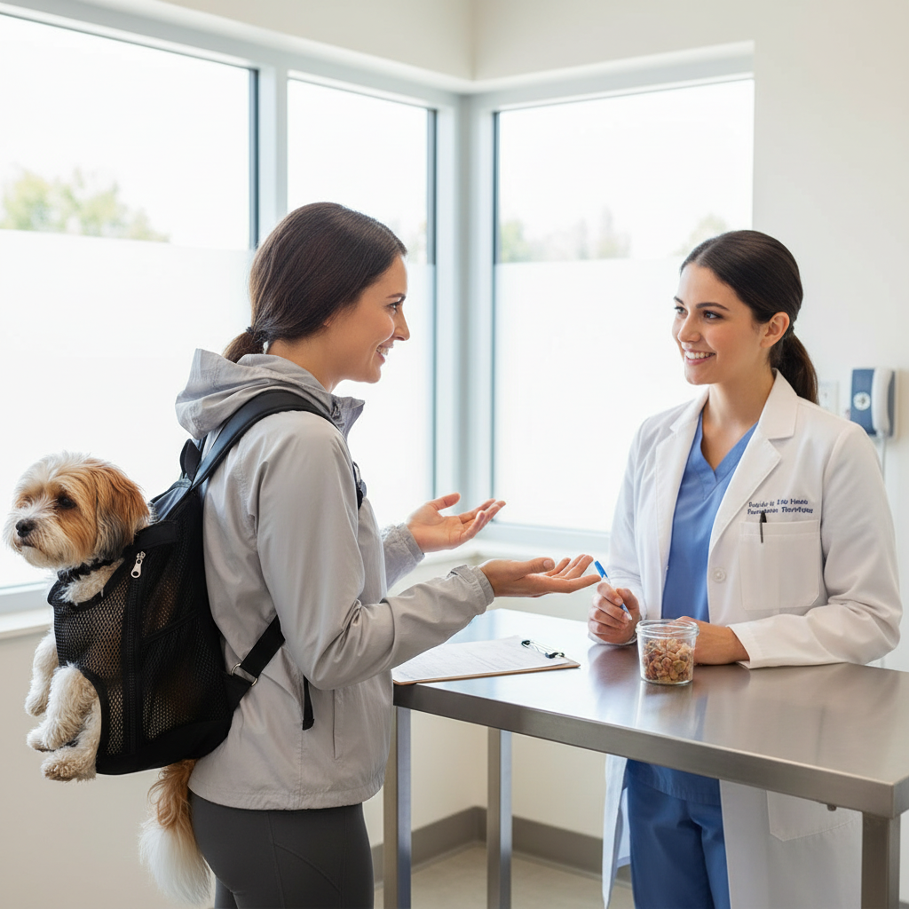 Person wearing pet carrier backpack with small dog at vet hands-free convenience