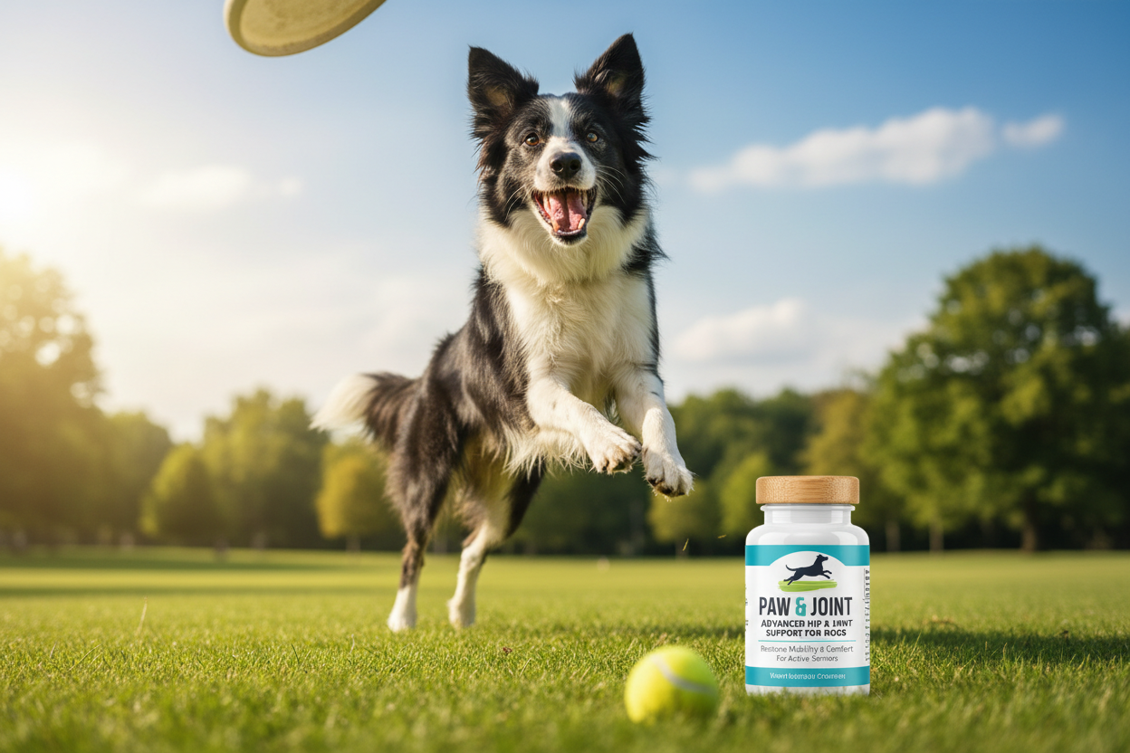 Senior Border Collie playing fetch with Glucosamine supplement - pain relief