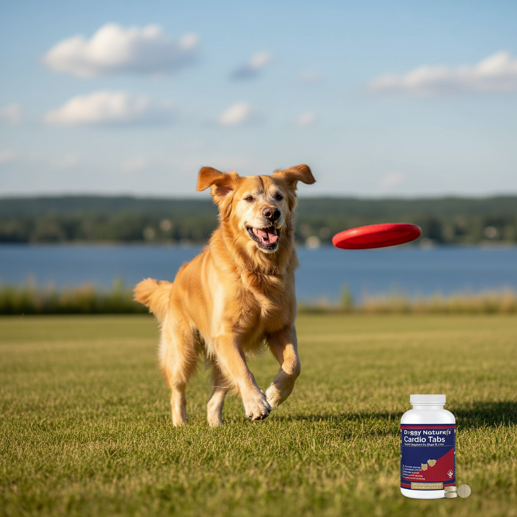 Active senior dog with strong heart health from Cardio Tabs supplement