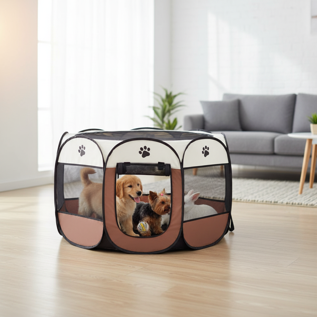 Multiple pets playing in portable foldable pet playpen
