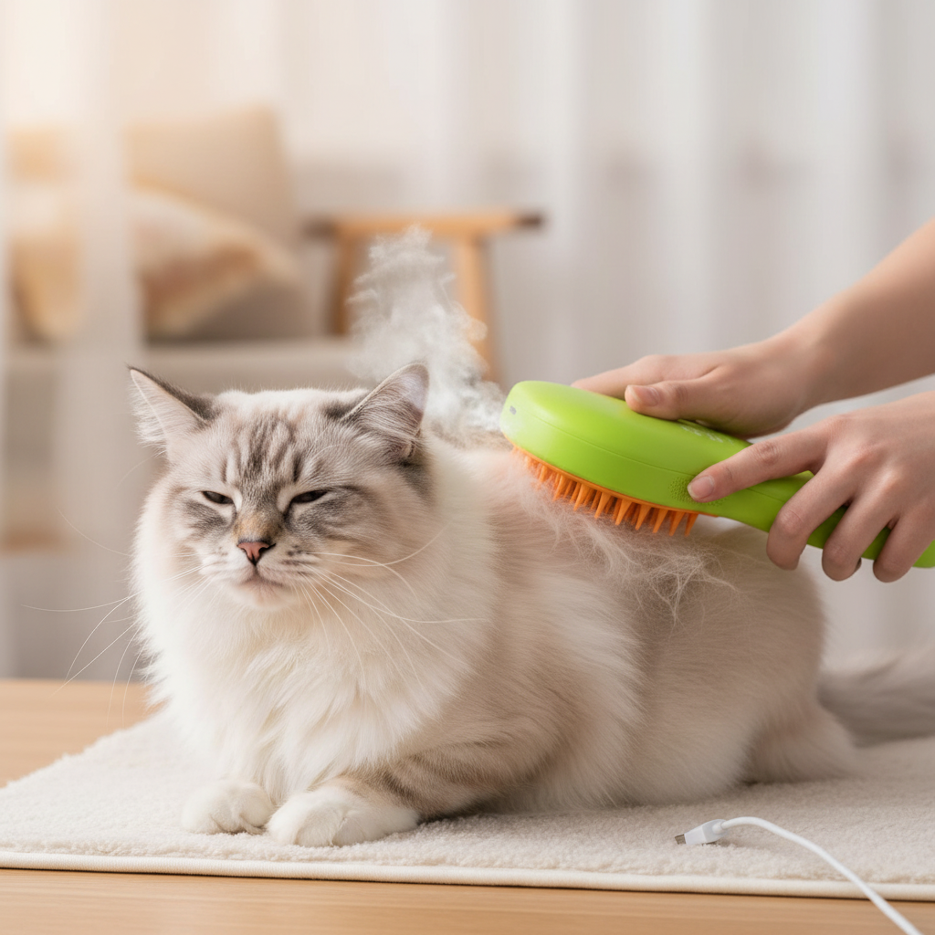 Ragdoll cat being groomed with rechargeable silicone brush removing loose hair