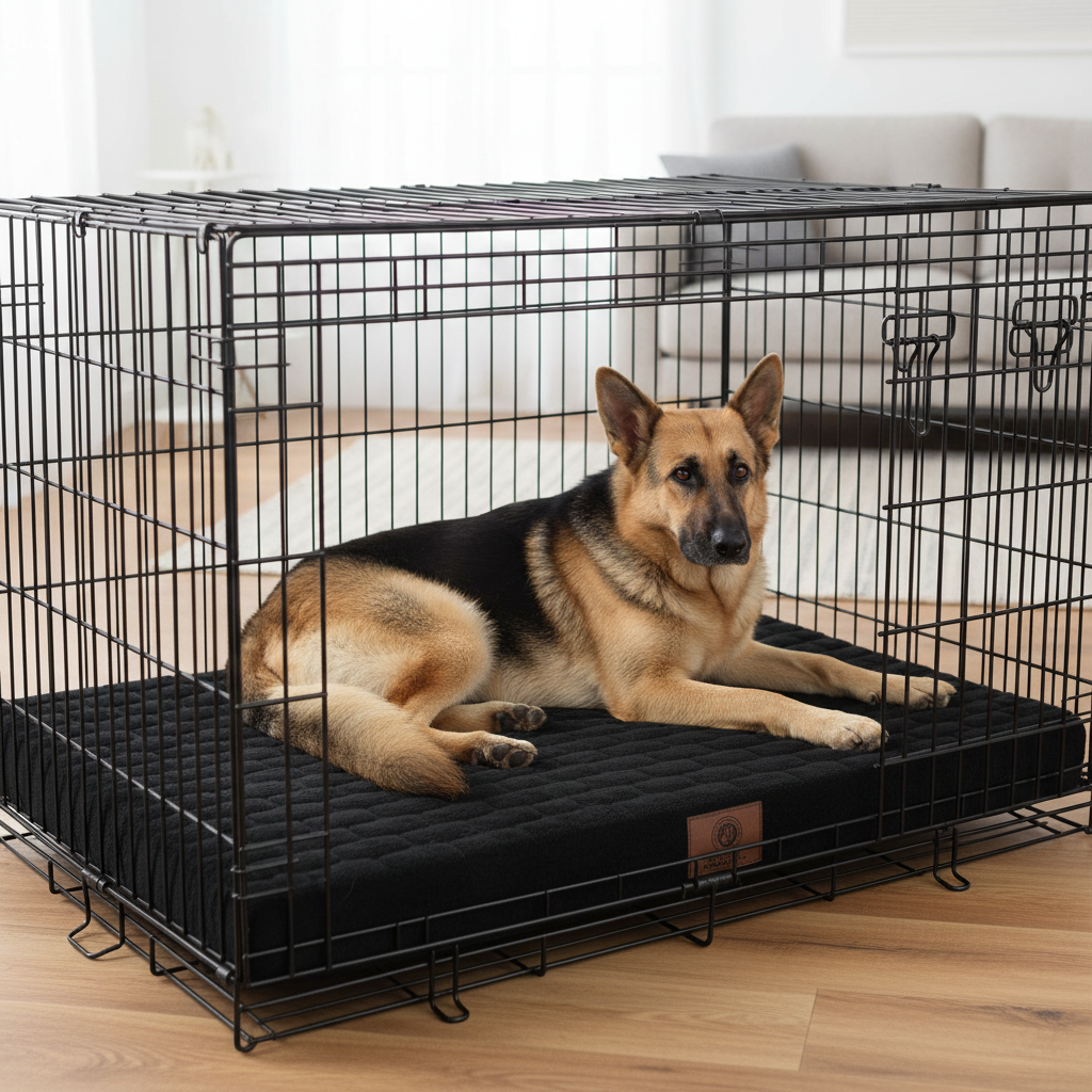 Large dog resting on AKC orthopedic memory foam crate mat