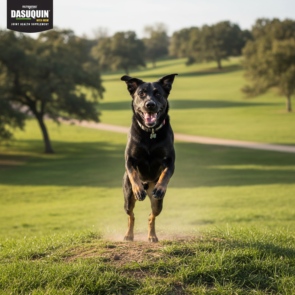 Large breed dog running energetically with improved mobility after Dasuquin