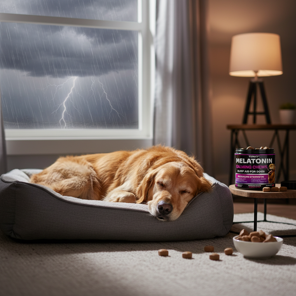 Calm relaxed dog during thunderstorm after taking melatonin chews anxiety relief