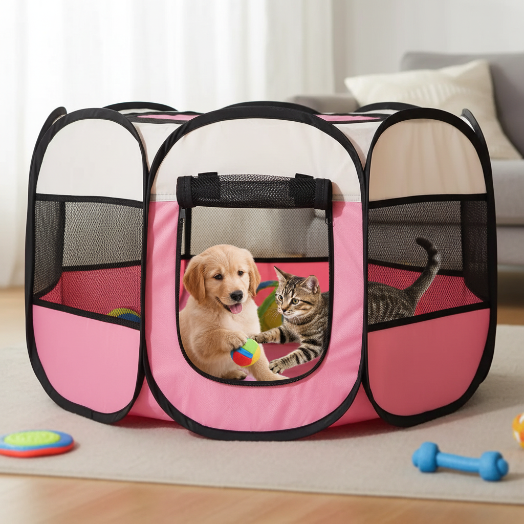 Puppy and cat in foldable pet playpen for travel and camping