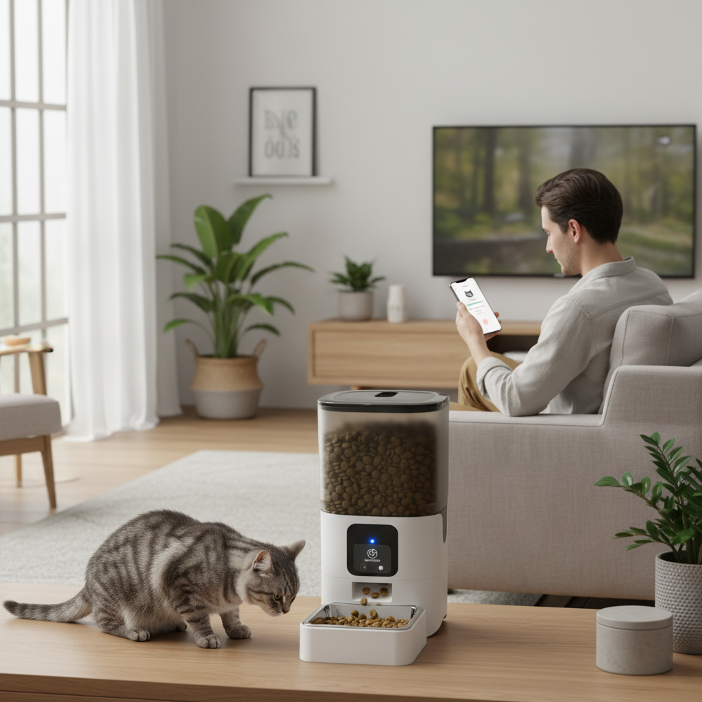 Cat eating from automatic feeder with app control owner checking phone