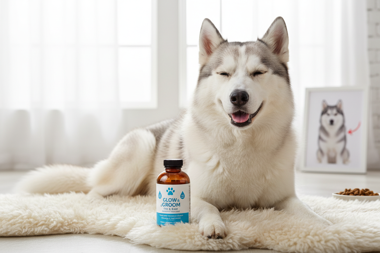 Husky with beautiful thick coat and Omega-3 fish oil supplement