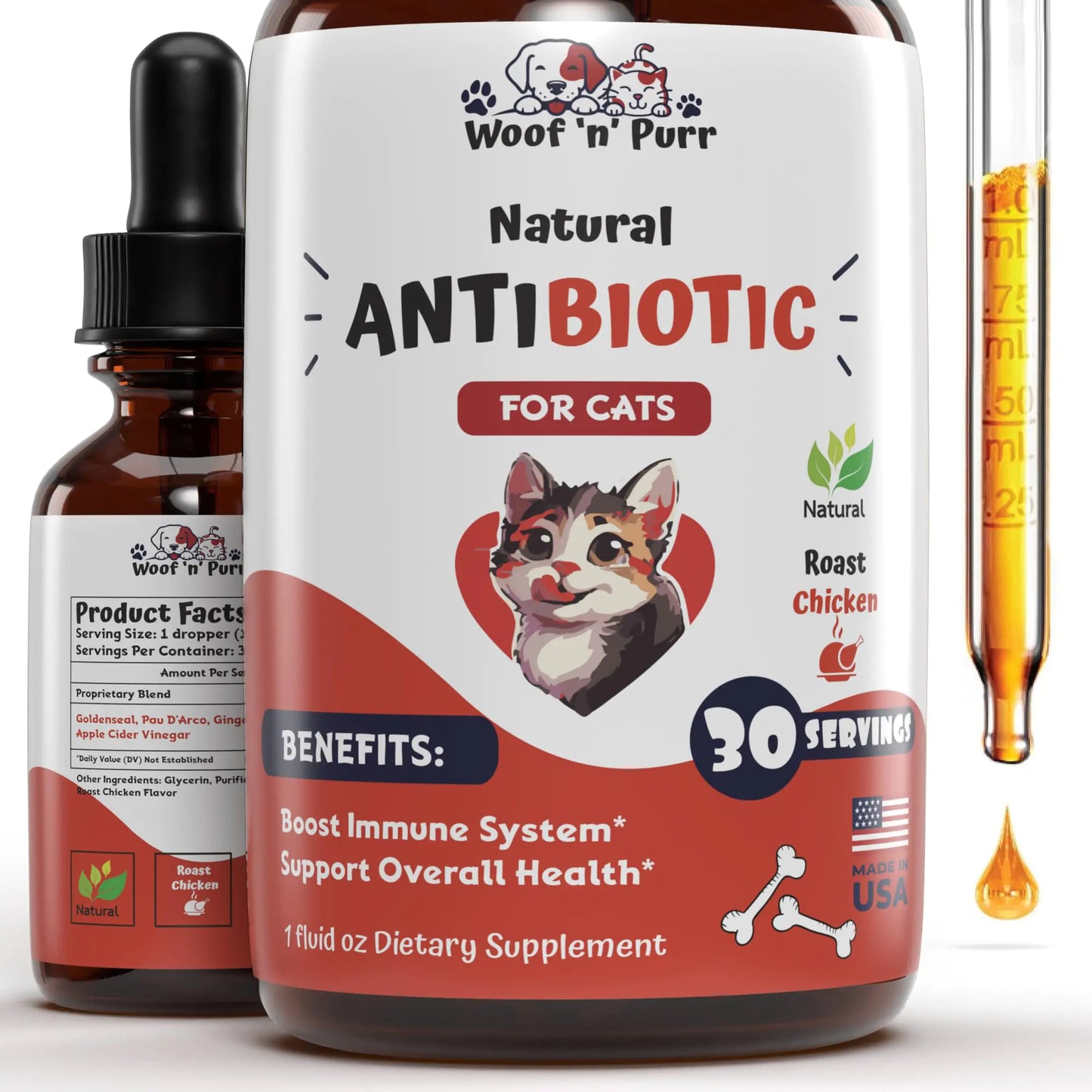 Natural Cat Antibiotic | UTI & Allergy Relief | Roast Chicken Flavor | 1 fl oz
