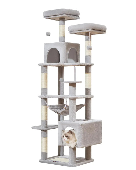 Taoqimiao Cat Tree 68-Inch Cat Tree Cat Tower for Indoor Cats Plush Multi-Level Cat Condo with 6 Scratching Posts 2 Perches 2 CavesHammock 3 PompomsMS020SW Light Gray