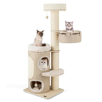 Premium Wooden Cat Tree 61" - Multi-Level Tower with 2 Condos & Basket