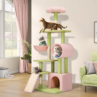 Flower Cat Tree 65" - Pink & Green Tower with Detachable Perch & Tunnel