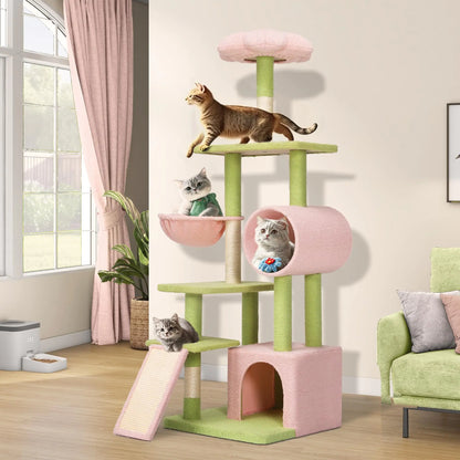 Flower Cat Tree 65" - Pink & Green Tower with Detachable Perch & Tunnel
