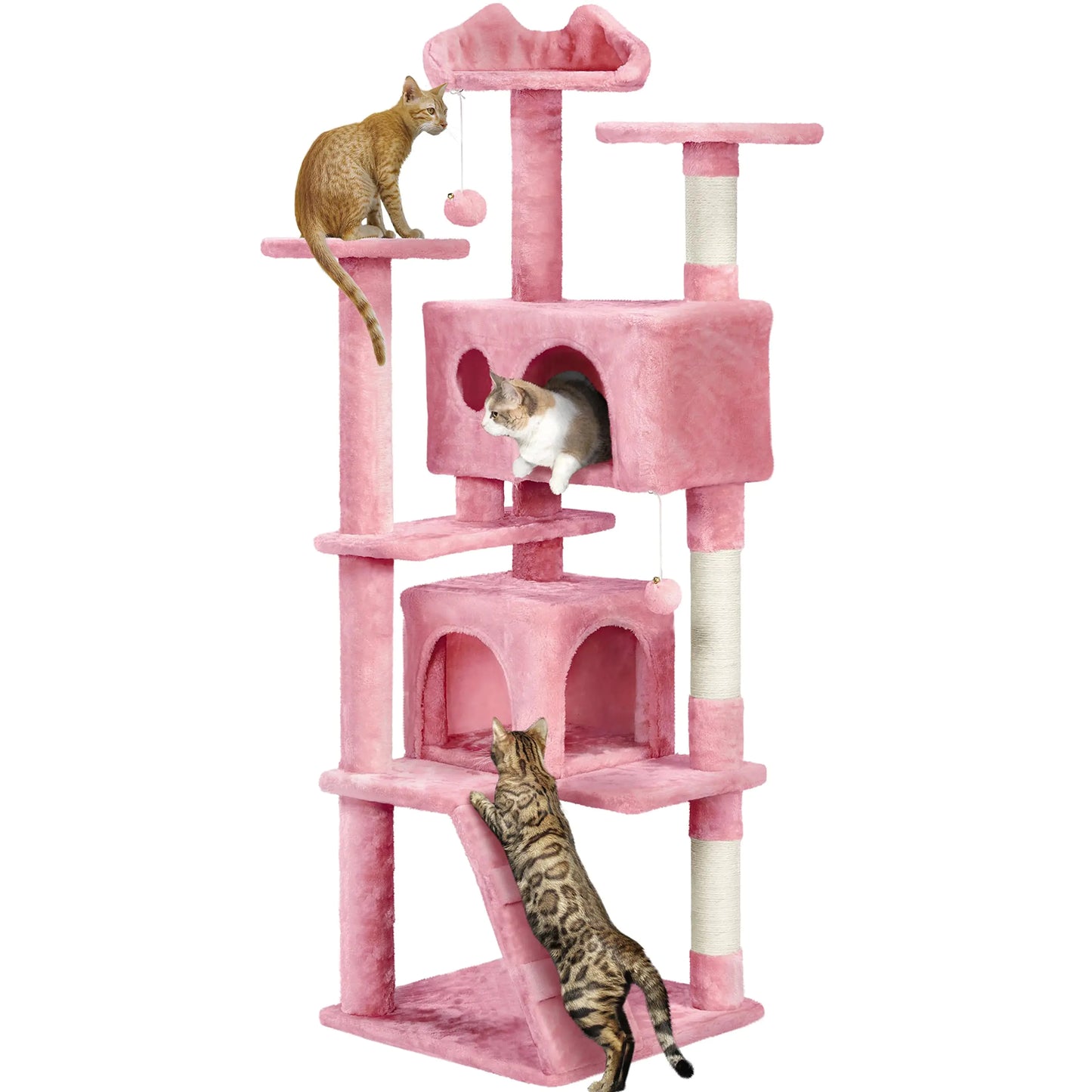 Cat Tree 62" - Pink Multi-Level Tower with Double Condos & Platforms