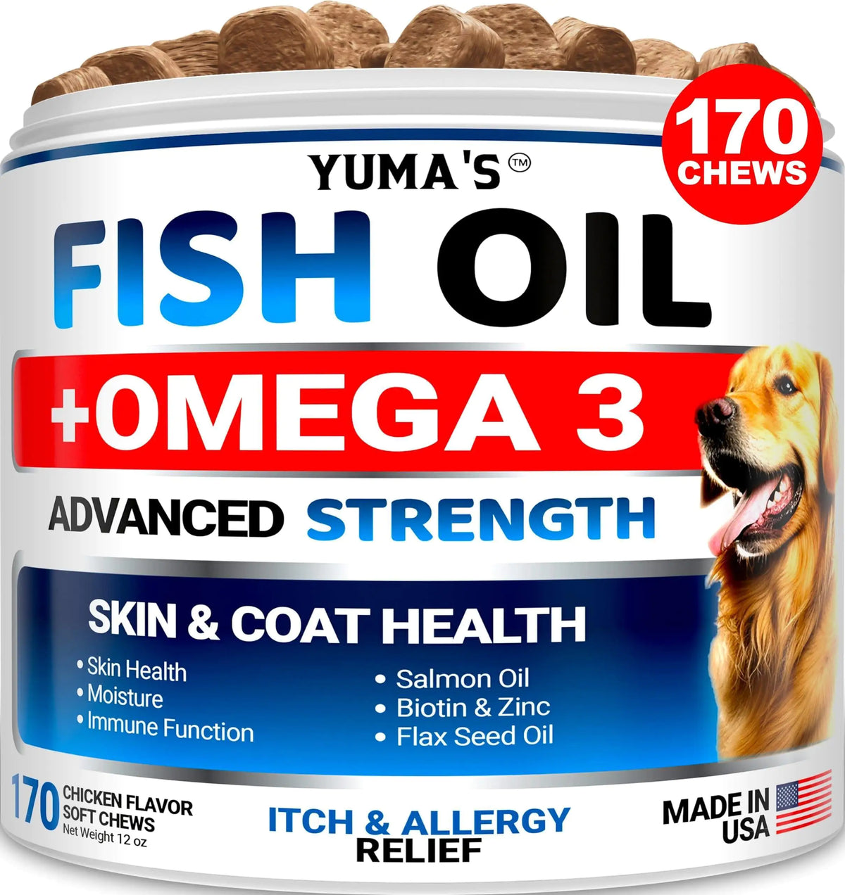 Omega-3 Fish Oil for Dogs - Skin & Coat Supplement (170 Chews)