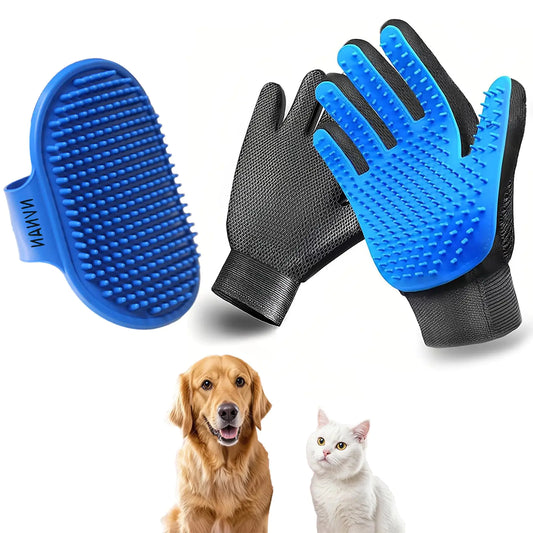 Pet Grooming Gloves - Massage Brush Combo for Dogs & Cats