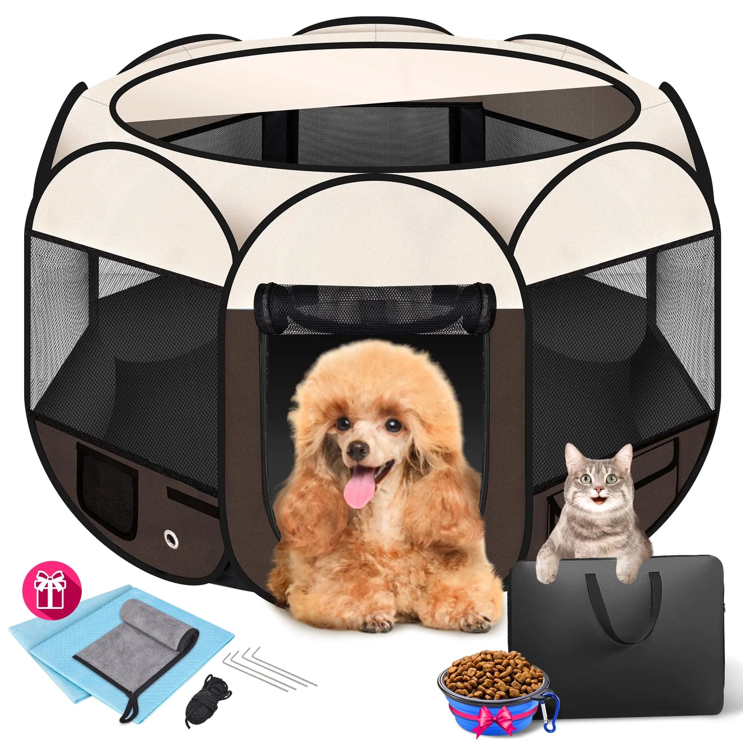 Pet Playpen 36" with Shade Cover - Foldable Outdoor Tent for Dogs & Cats (Brown)