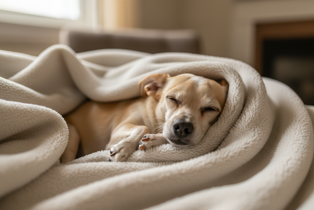 After - Happy dog on comfort blanket