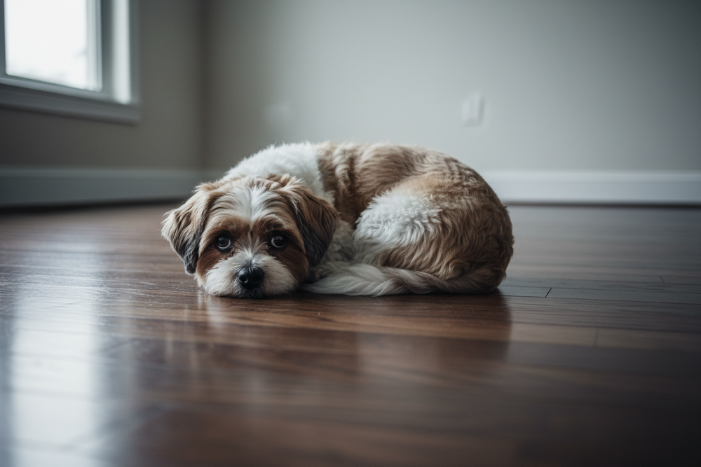 Before - Anxious dog on bare floor