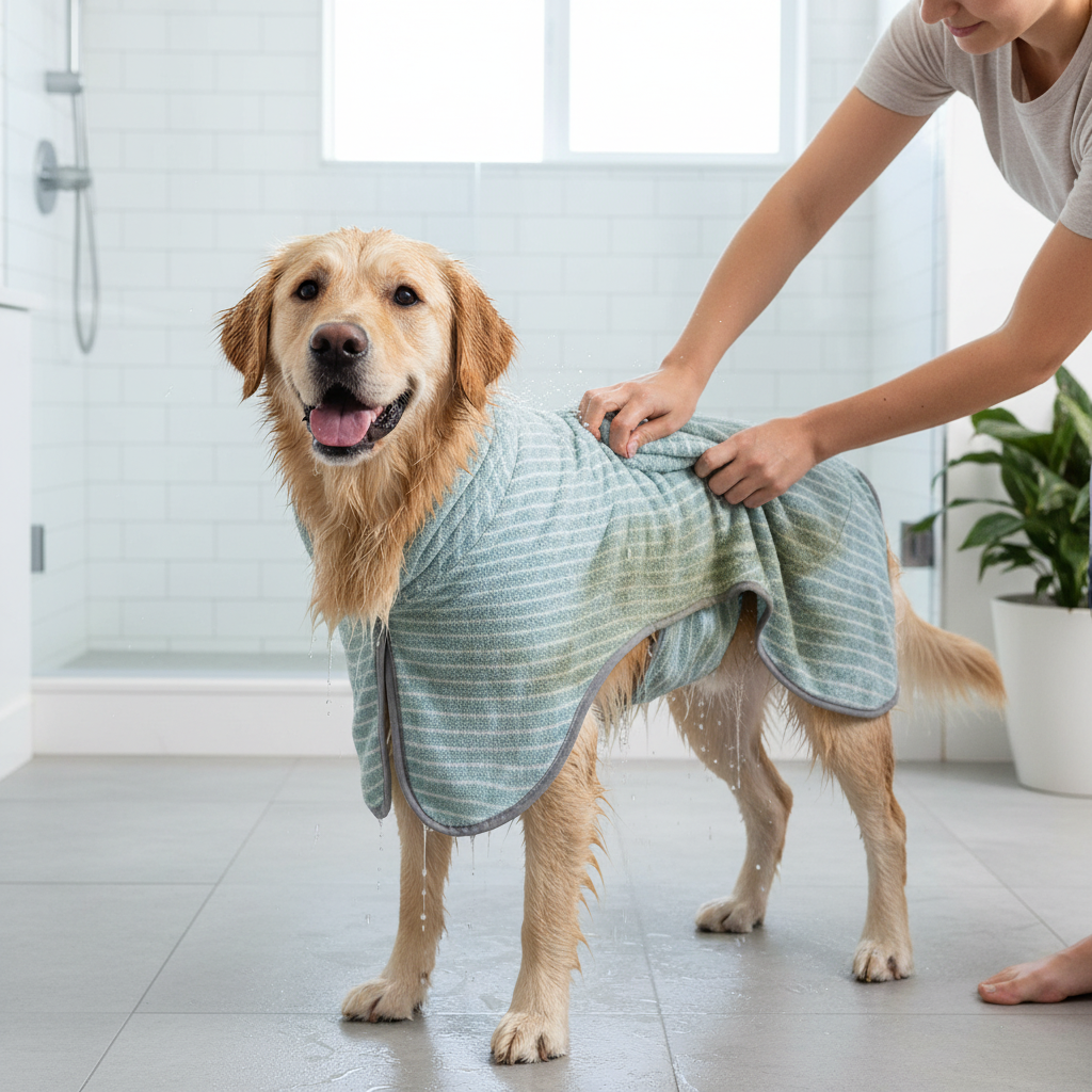 Dog Being Dried with Absorbent Bathrobe
