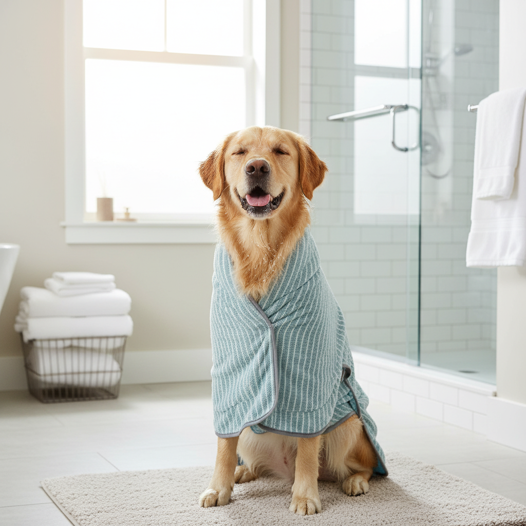 Dog in Blue Bathrobe After Bath
