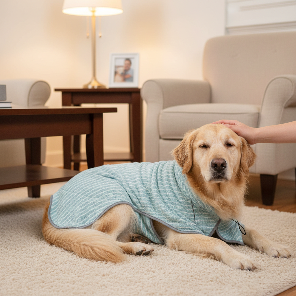 Dog Relaxing in Blue Bathrobe