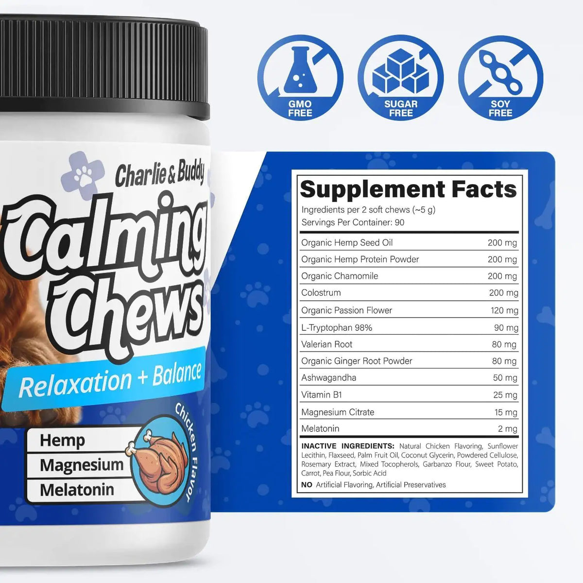 Calming Chews for Dogs - Anxiety Relief with Chamomile & Valerian Root (90 Chicken Chews)
