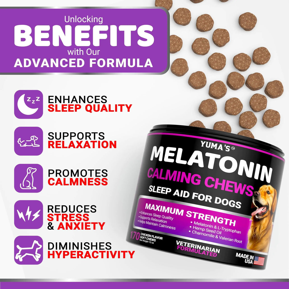 Dog Calming Chews with Melatonin 170 Count - Anxiety Relief