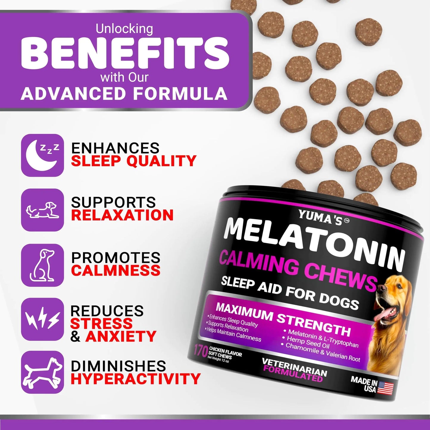Dog Calming Chews with Melatonin 170 Count - Anxiety Relief