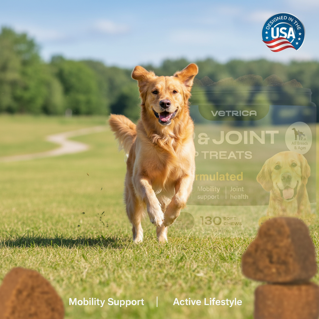 Active dog running with improved mobility after taking hemp joint supplement