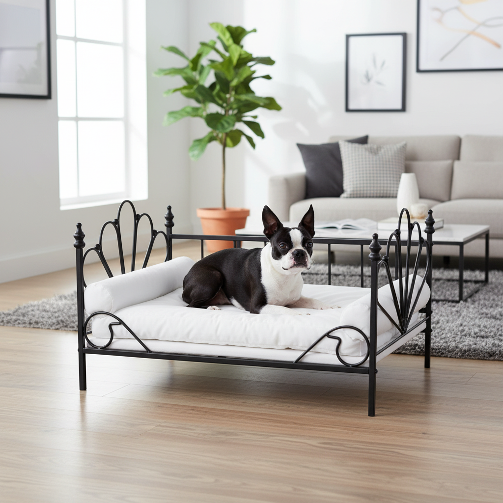 Boston Terrier lounging on black metal frame pet sofa