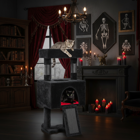 Gothic coffin cat tree in black and red with cats playing