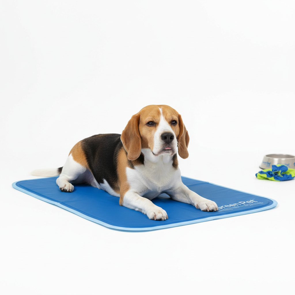 Beagle on non-toxic gel cooling mat after exercise comfortable