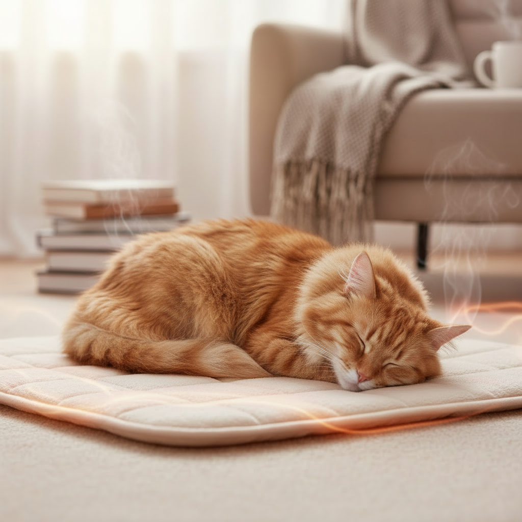 Cat sleeping peacefully on electric heating pad winter warmth cold weather