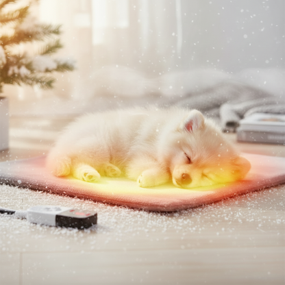 Small dog resting on electric pet heating pad winter warmth cold weather