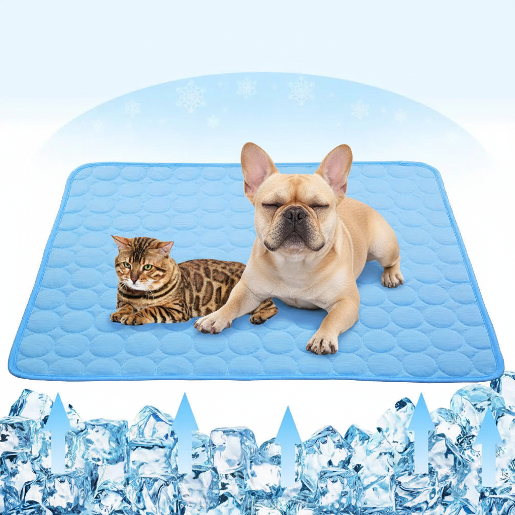 French Bulldog lying comfortably on blue ice silk cooling mat relaxed